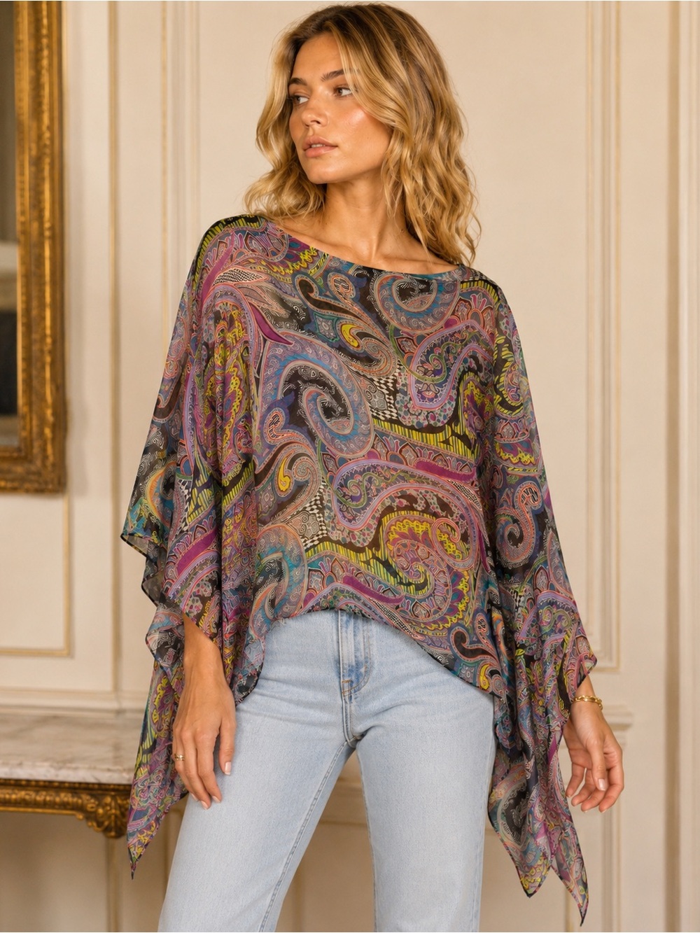ETRO Milano Paisley Silk Chiffon Poncho Blouse Top One Size